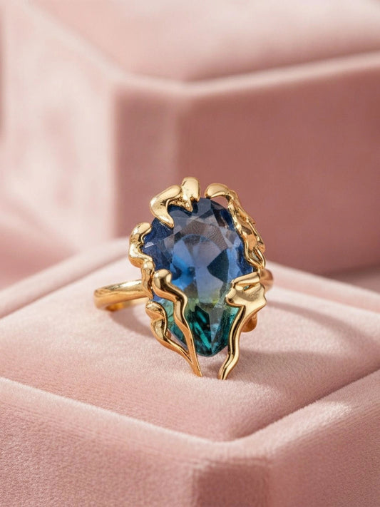 Avant-Garde Blue Ombre Stone Statement Gold Ring For Women