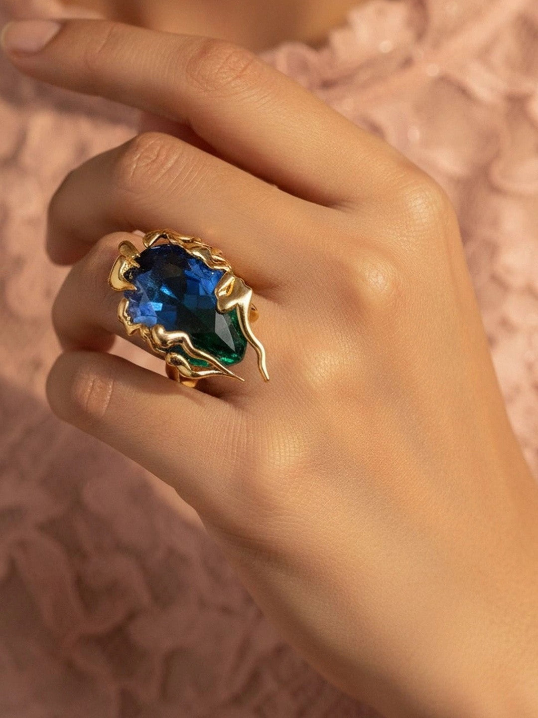 Avant-Garde Blue Ombre Stone Statement Gold Ring For Women