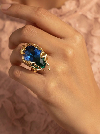 Avant-Garde Blue Ombre Stone Statement Gold Ring For Women