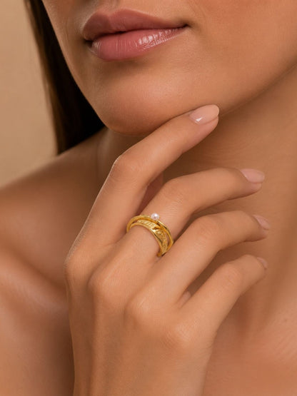 Artisan Engraved Accent Split & Stackable Pearl Band Ring