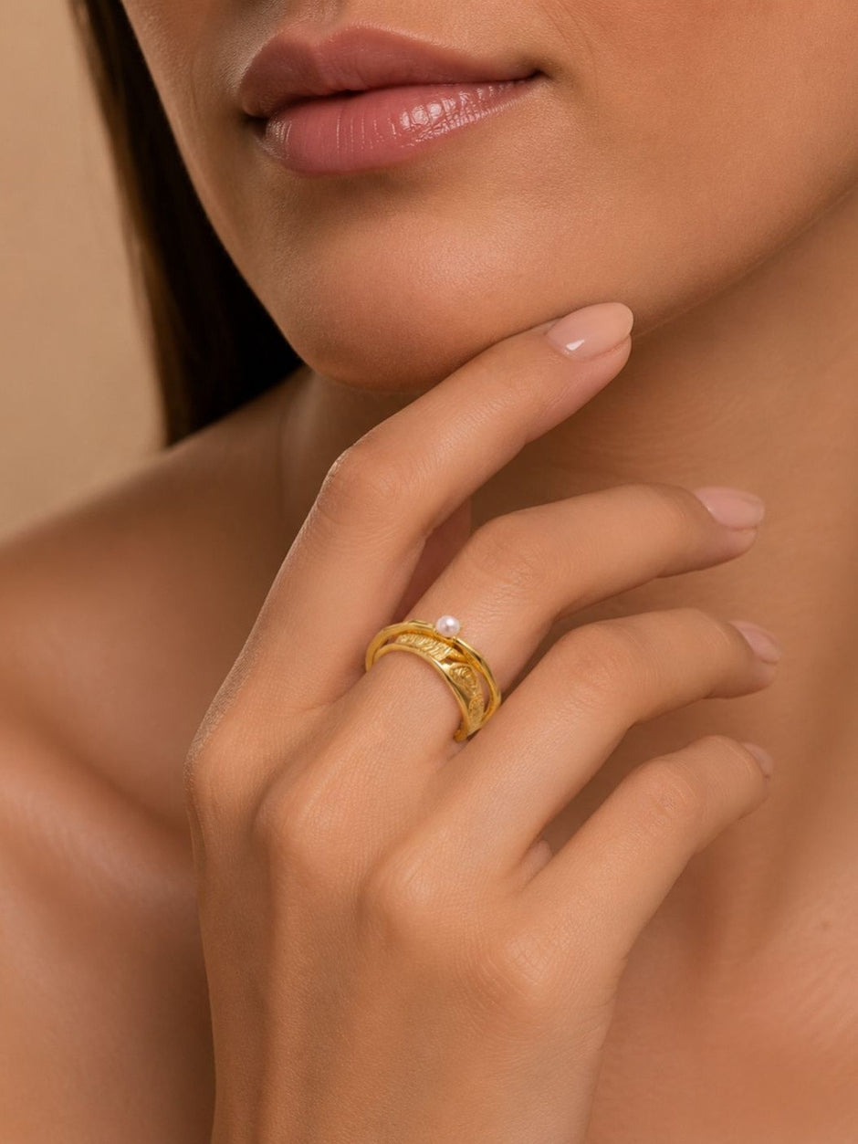 Artisan Engraved Accent Split & Stackable Pearl Band Ring