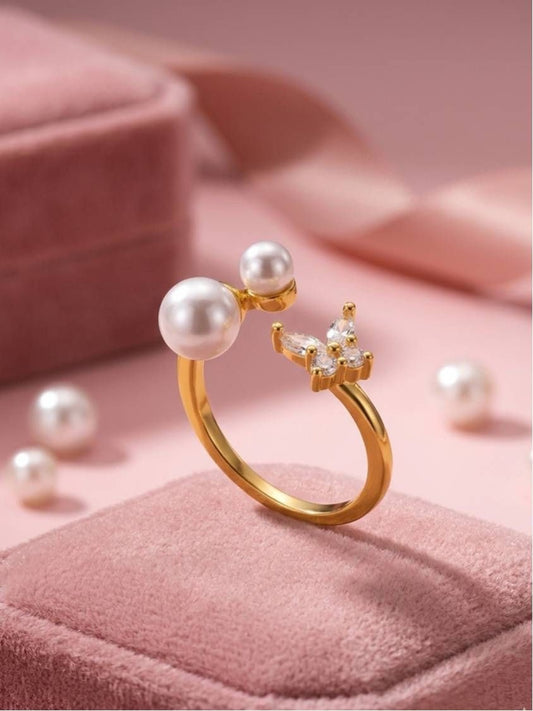 Asymmetric Pave Adjustable Pearl Butterfly Diamond Ring