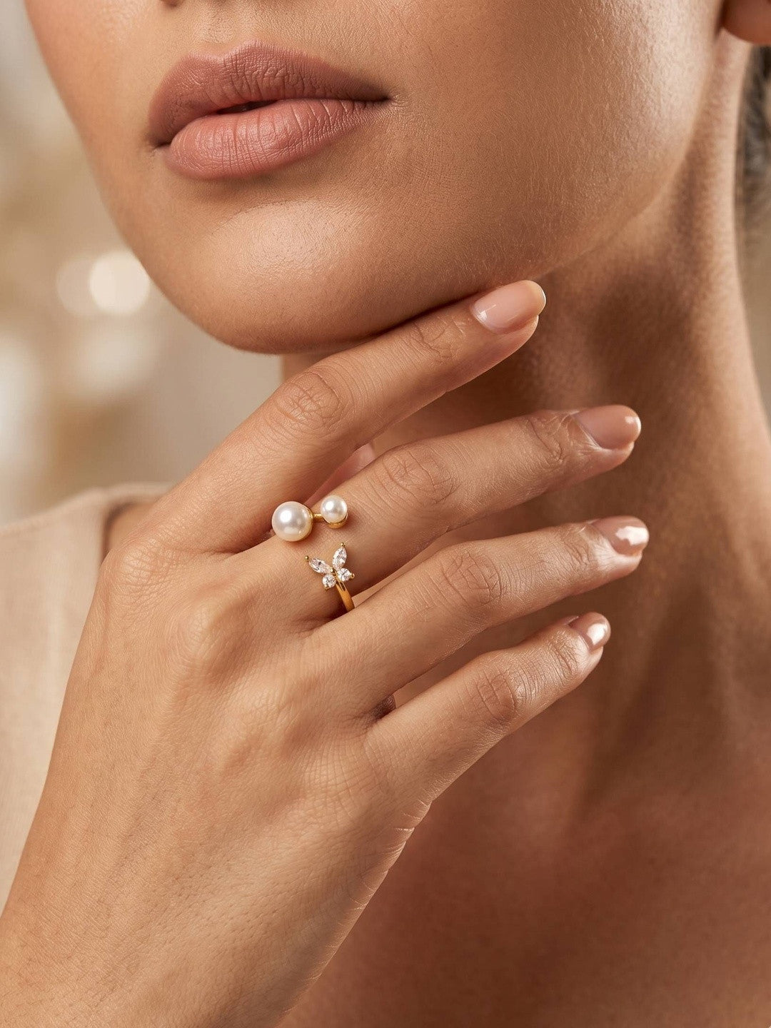 Asymmetric Pave Adjustable Pearl Butterfly Diamond Ring