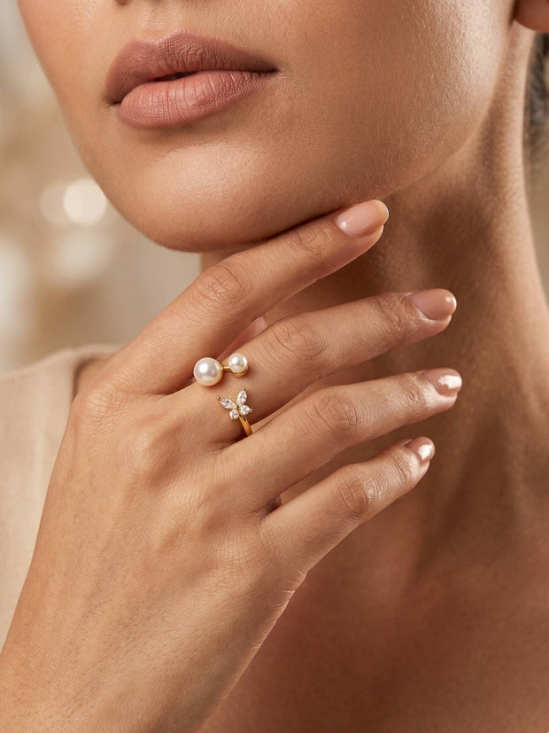 Asymmetric Pave Adjustable Pearl Butterfly Diamond Ring