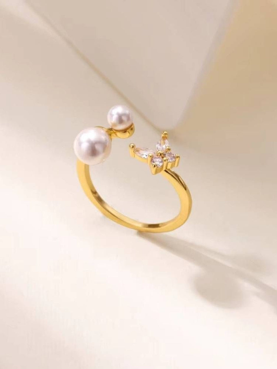 Asymmetric Pave Adjustable Pearl Butterfly Diamond Ring