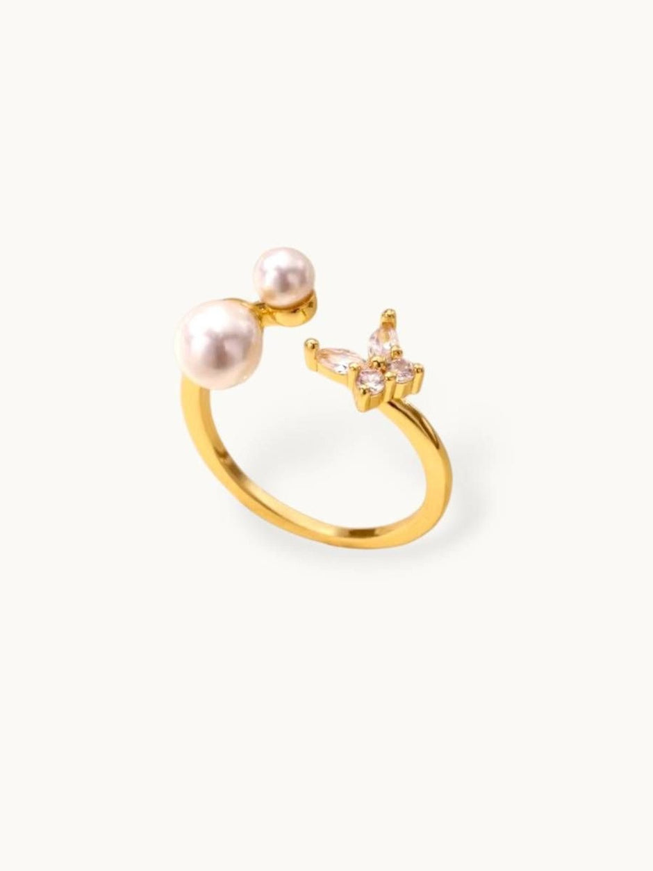 Asymmetric Pave Adjustable Pearl Butterfly Diamond Ring