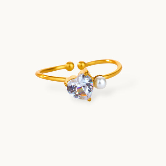 Asymmetric Heart Shape Stackable Pearl Ring with Clear Cubic Zirconia