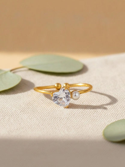 Asymmetric Heart Shape Stackable Pearl Ring with Clear Cubic Zirconia