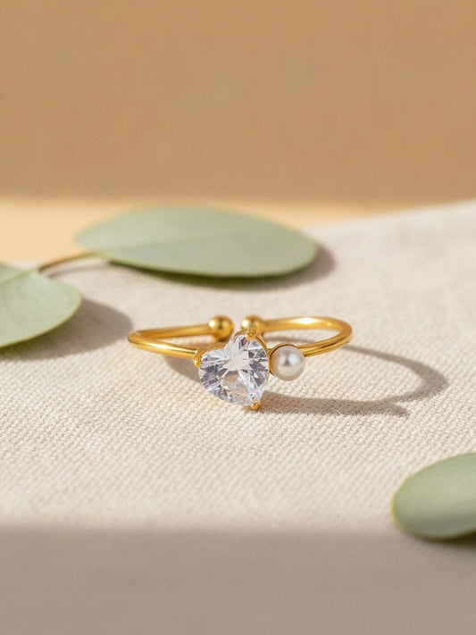 Asymmetric Heart Shape Stackable Pearl Ring with Clear Cubic Zirconia