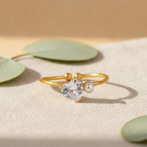 Asymmetric Heart Shape Stackable Pearl Ring with Clear Cubic Zirconia