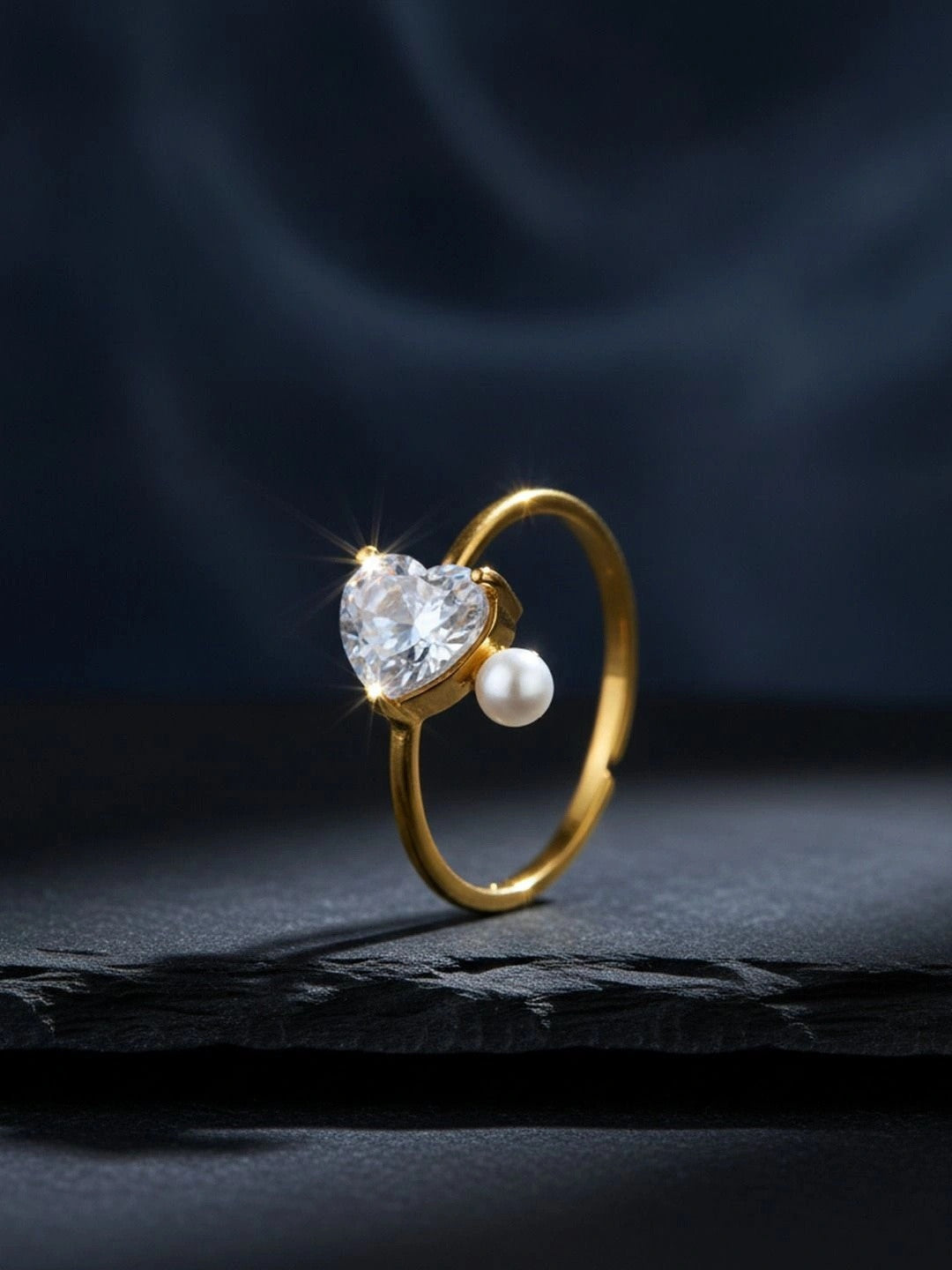 Asymmetric Heart Shape Stackable Pearl Ring with Clear Cubic Zirconia