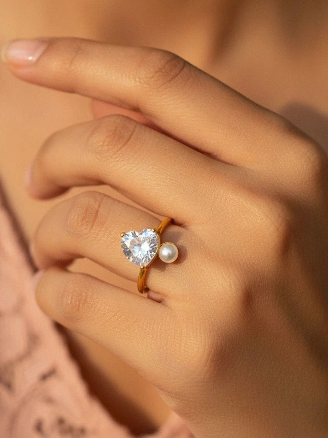 Asymmetric Heart Shape Stackable Pearl Ring with Clear Cubic Zirconia