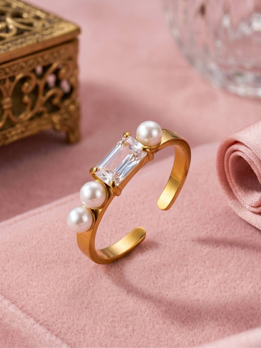 Baguette & Double Pearl Solitaire Gold-Plated  Band