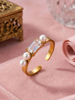 Baguette & Double Pearl Solitaire Gold-Plated  Band