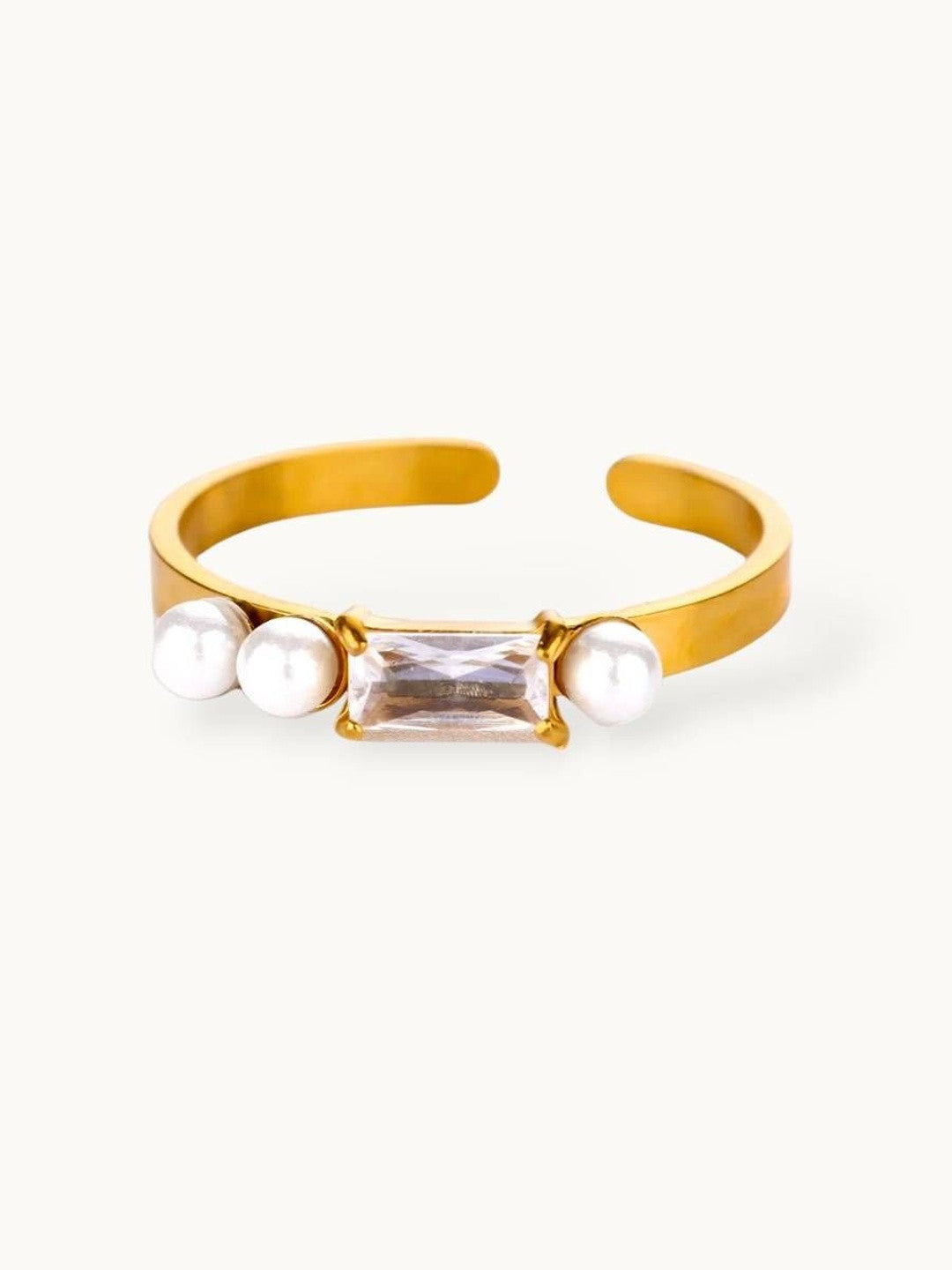 Baguette & Double Pearl Solitaire Gold-Plated  Band