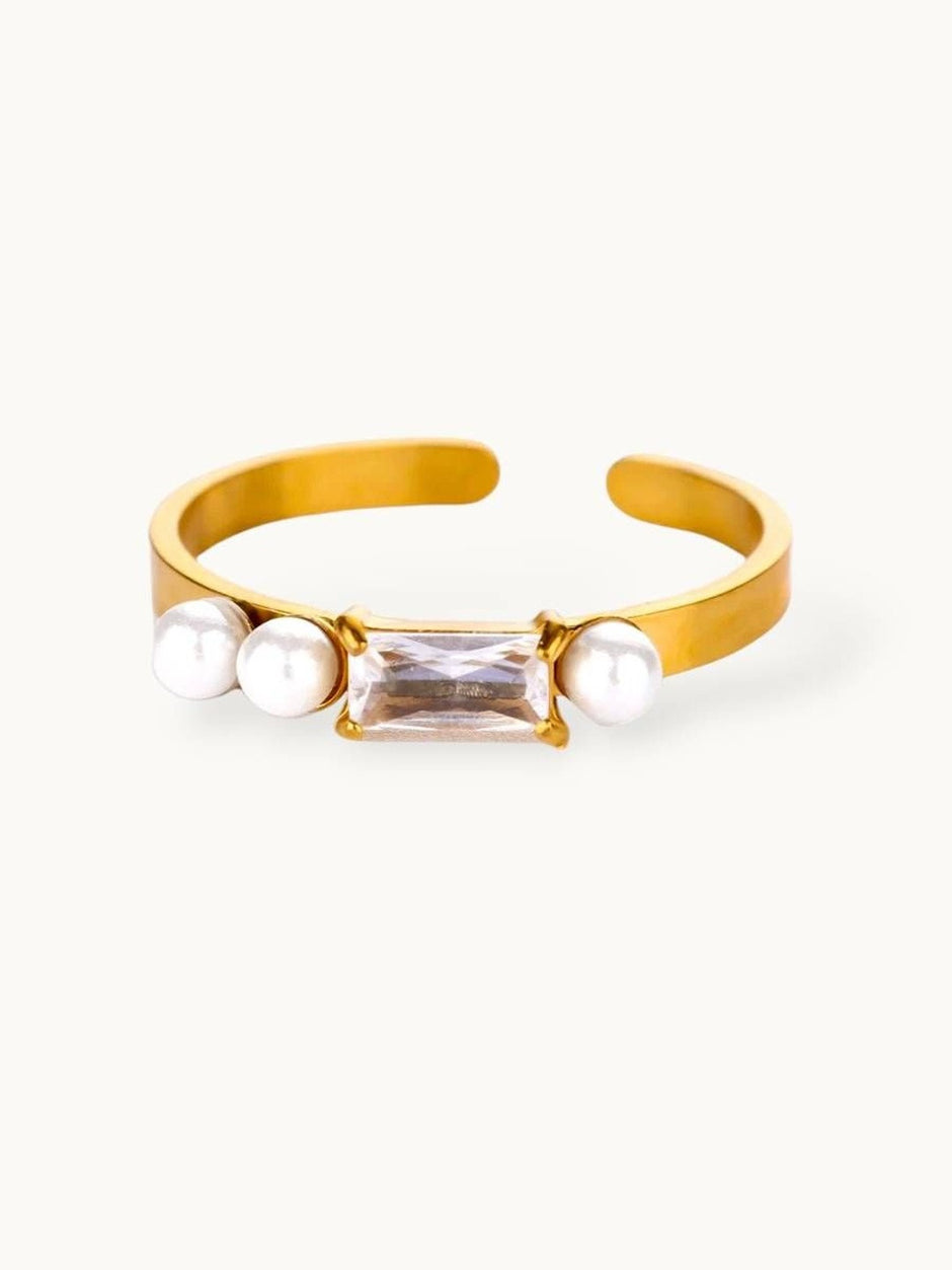 Baguette & Double Pearl Solitaire Gold-Plated  Band