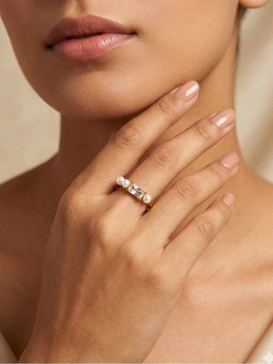 Baguette & Double Pearl Solitaire Gold-Plated  Band