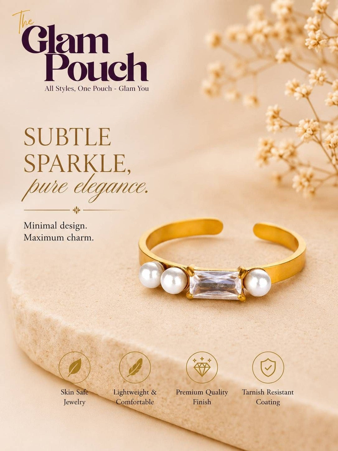 Baguette & Double Pearl Solitaire Gold-Plated  Band