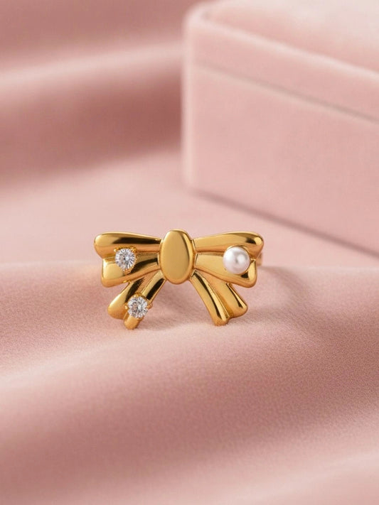 Asymmetric Pave Ribbon Adjustable Diamond Pearl Bow Ring