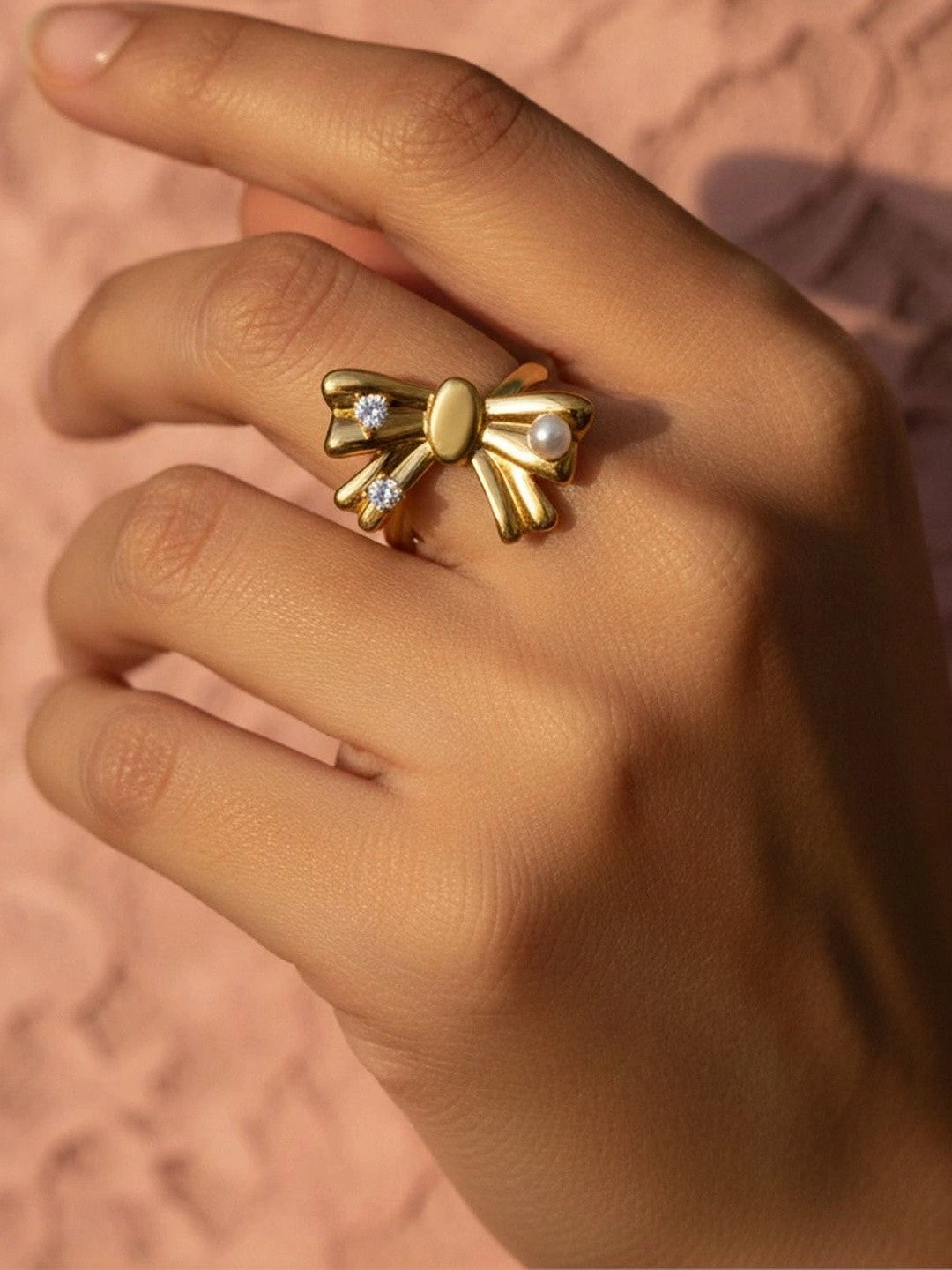 Asymmetric Pave Ribbon Adjustable Diamond Pearl Bow Ring