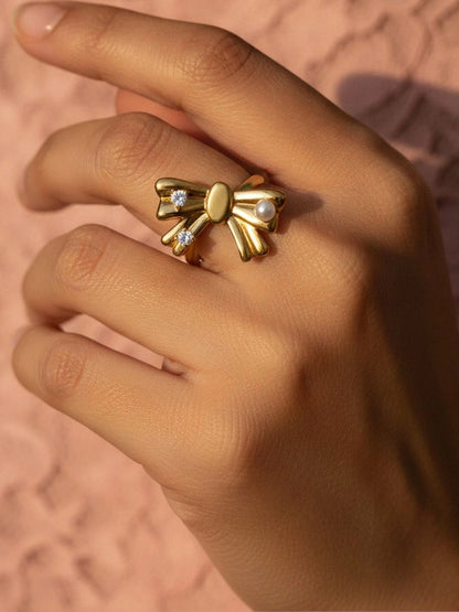 Asymmetric Pave Ribbon Adjustable Diamond Pearl Bow Ring
