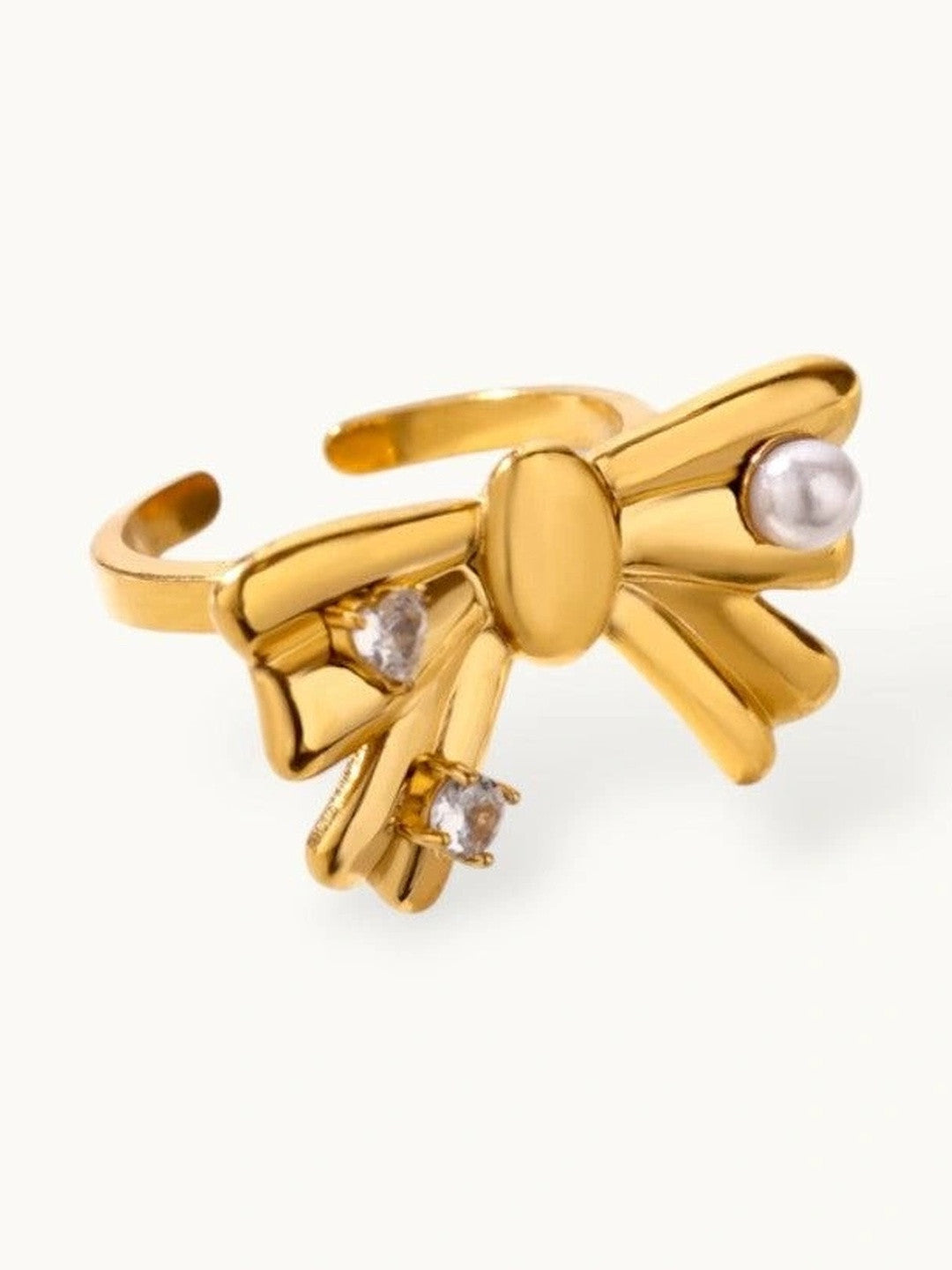 Asymmetric Pave Ribbon Adjustable Diamond Pearl Bow Ring