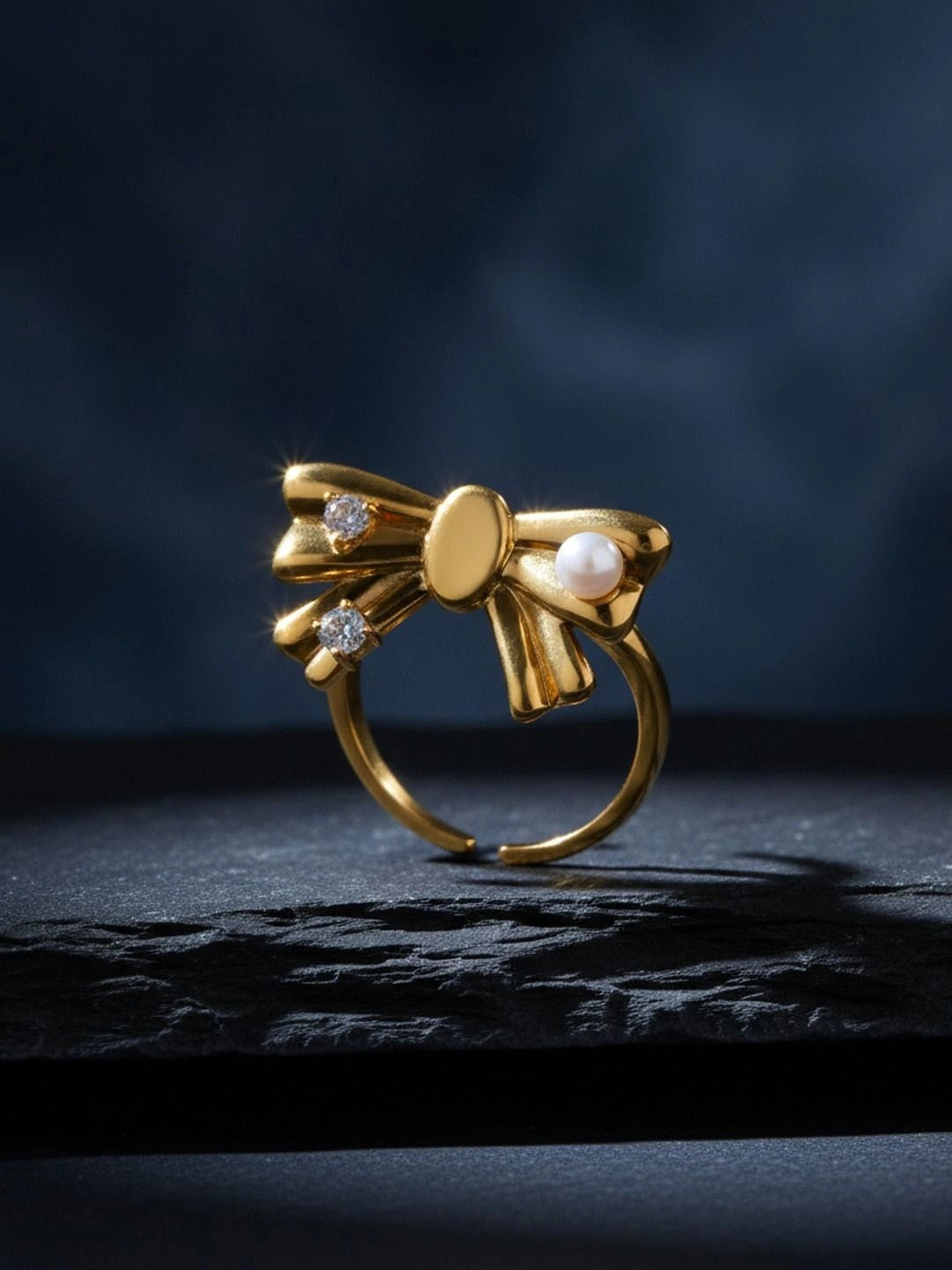 Asymmetric Pave Ribbon Adjustable Diamond Pearl Bow Ring