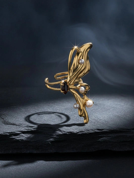 Majestic Stylized Butterfly Pearl Statement Stone Ring