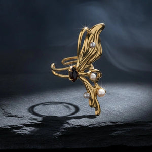Majestic Stylized Butterfly Pearl Statement Stone Ring