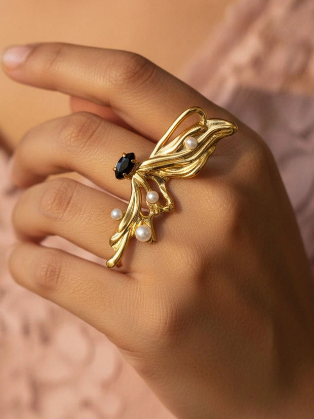 Majestic Stylized Butterfly Pearl Statement Stone Ring