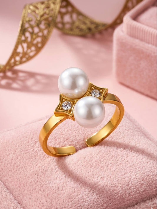 Classic Dual Pearl Adjustable Ring with Pave Accents