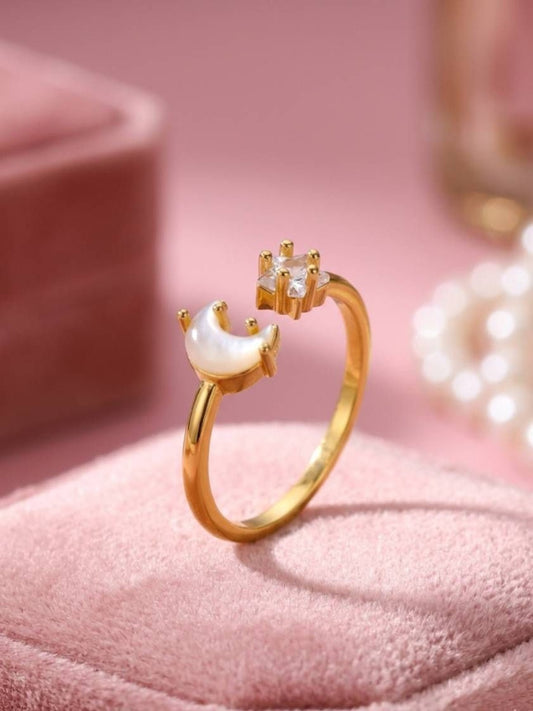 Celestial Mother-of-Pearl Moon & Star Adjustable Ring
