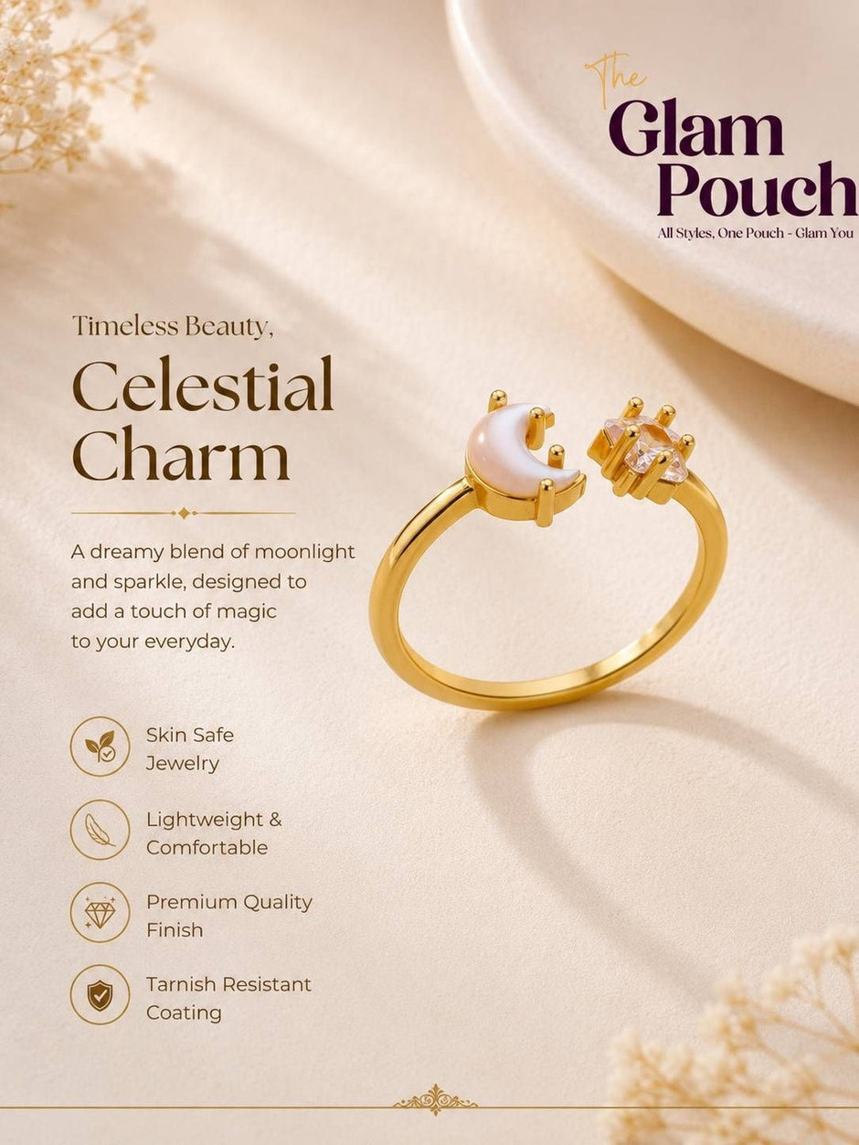 Celestial Mother-of-Pearl Moon & Star Adjustable Ring