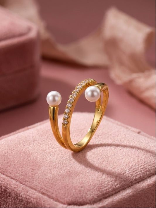Chic Pave Center Double Band Adjustable Diamond Pearl Ring
