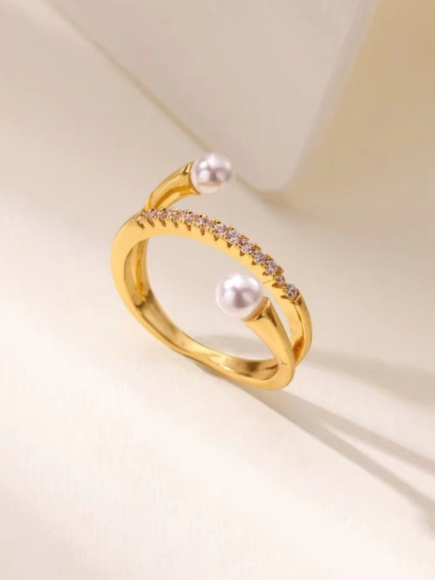 Chic Pave Center Double Band Adjustable Diamond Pearl Ring