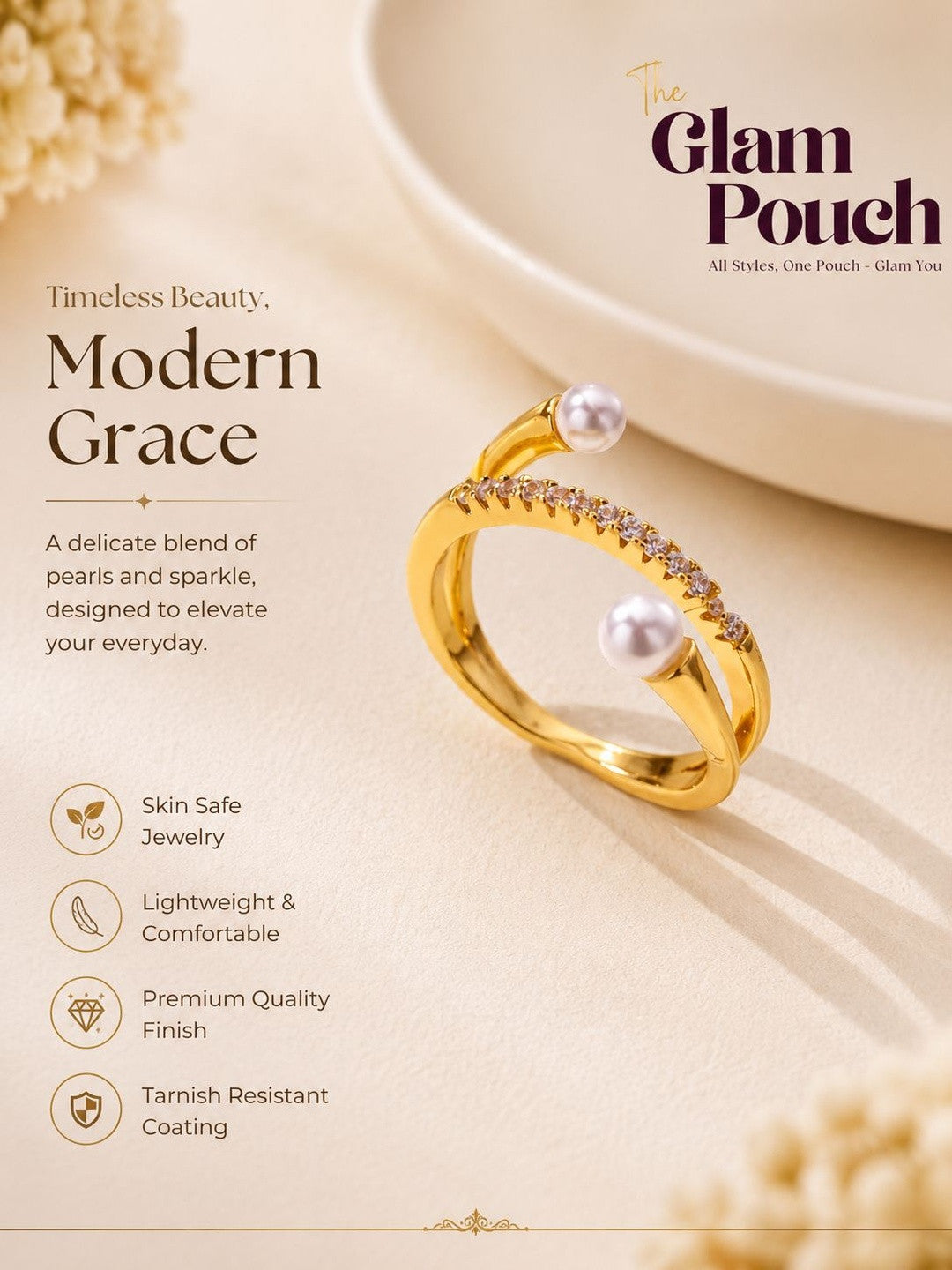 Chic Pave Center Double Band Adjustable Diamond Pearl Ring