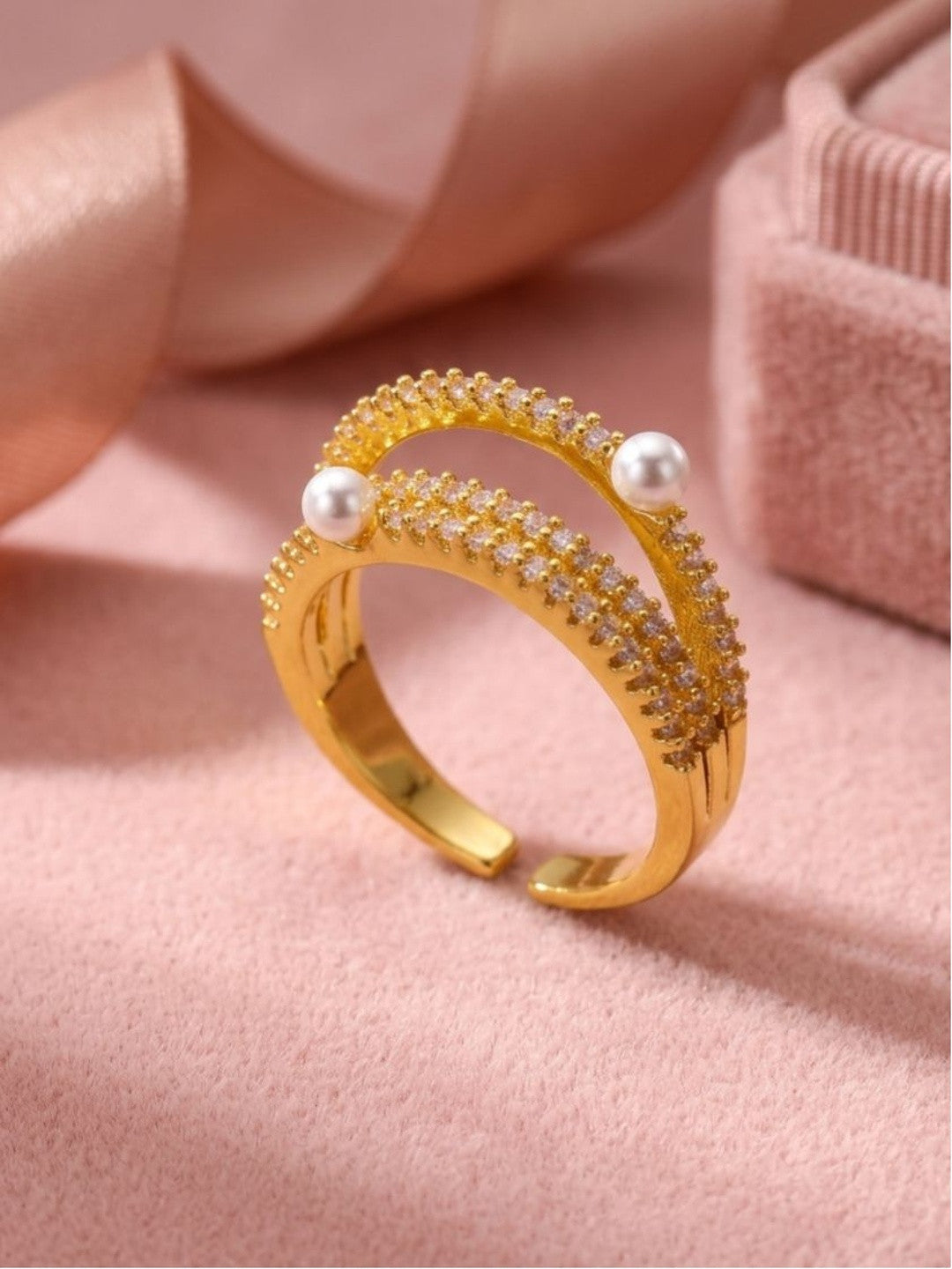 Double Pave Accents Pearl Band Ring