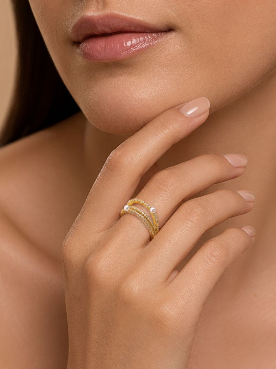 Double Pave Accents Pearl Band Ring