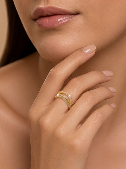 Double Pave Accents Pearl Band Ring