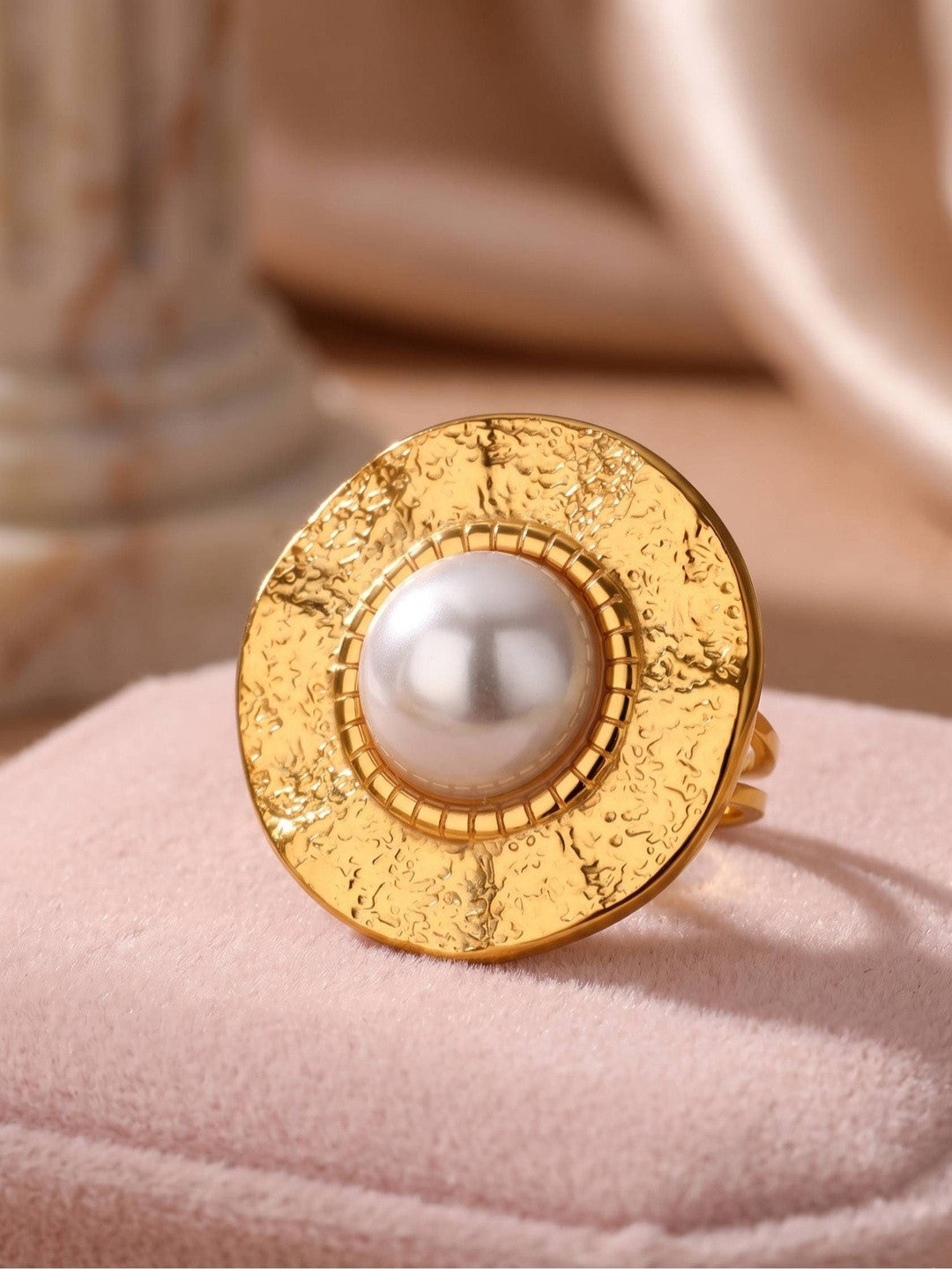 Artisanal Hammered Disc & Pearl Statement Ring