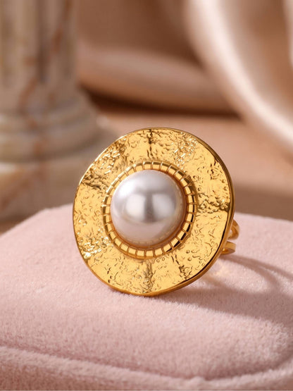 Artisanal Hammered Disc & Pearl Statement Ring
