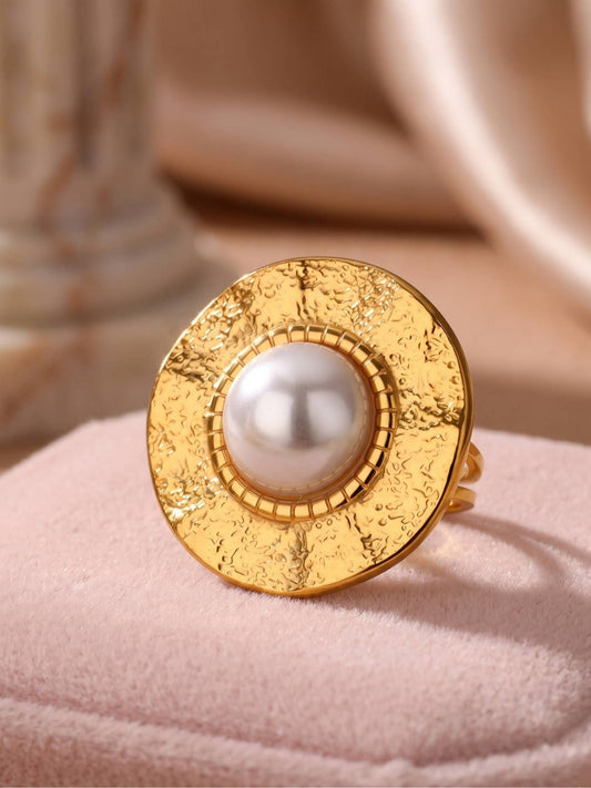 Artisanal Hammered Disc & Pearl Statement Ring
