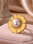 Artisanal Hammered Disc & Pearl Statement Ring