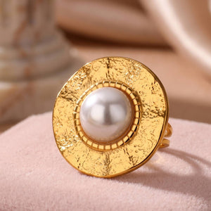 Artisanal Hammered Disc & Pearl Statement Ring