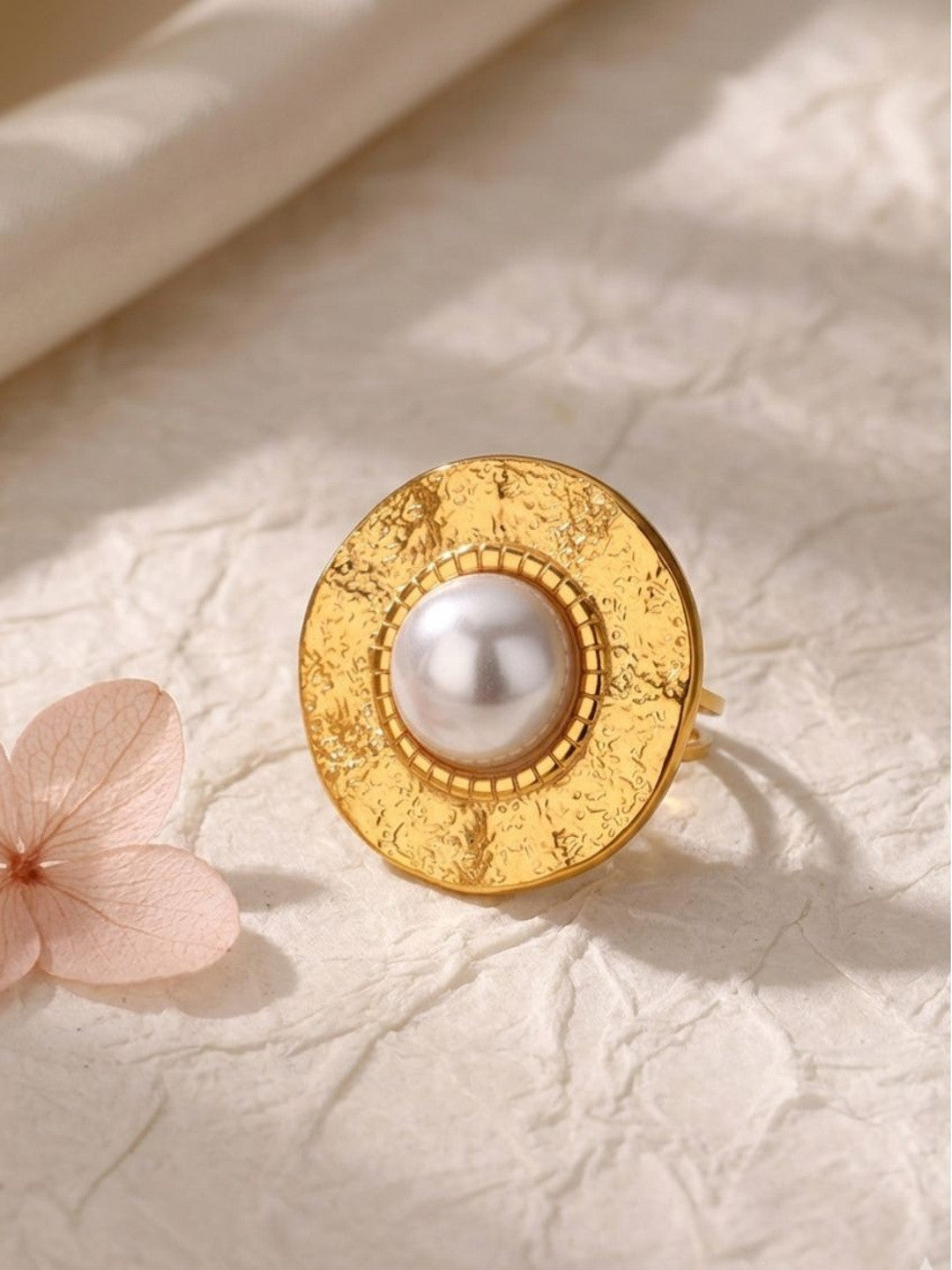 Artisanal Hammered Disc & Pearl Statement Ring