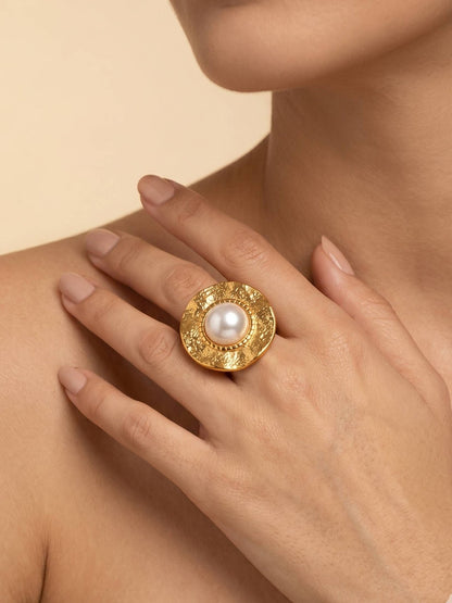 Artisanal Hammered Disc & Pearl Statement Ring