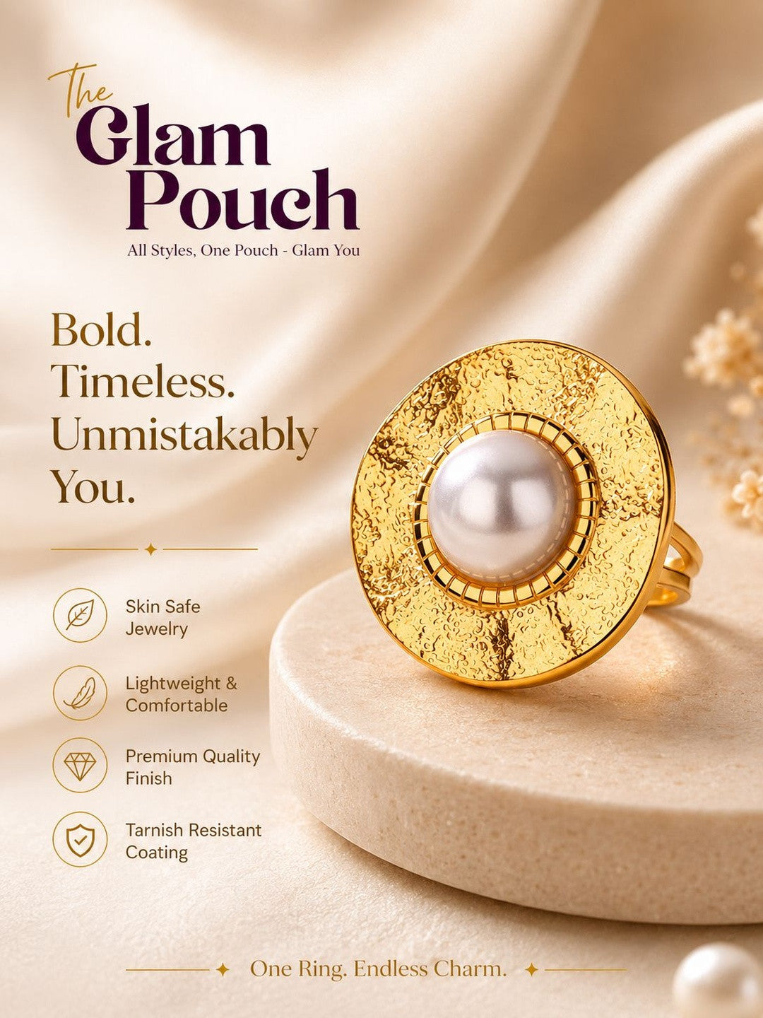 Artisanal Hammered Disc & Pearl Statement Ring