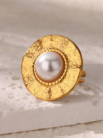 Artisanal Hammered Disc & Pearl Statement Ring