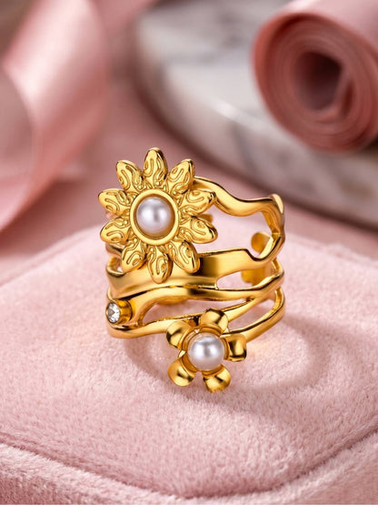 Layered Floral Coil with Pave & Accents Pearl Diamond Ring