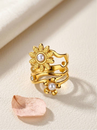 Layered Floral Coil with Pave & Accents Pearl Diamond Ring